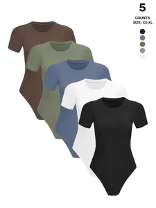 Body Suits for Womens Short Sleeve Round Neck Casual Stretchy Fit Basic T Shirt Bodysuit Tops