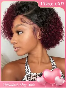 Short Curly Wave Pixie Cut Wig Premium Human Hair Lace Front 13x4 Transparent Glueless Curly Lace Front Wig Curly Wave Wig Human Hair Wig 150% Density 8Inch Human Hair Wig for Daily Casual Party Valentine's Day Wig