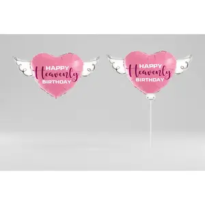 Happy Heavenly Birthday Memorial Balloon Set – Pink 17" & 8" Balloon on a Stick with Angel Wings