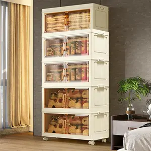 No Assembly Movable Storage Cabinet Transparent Door Stackable Large Capacity Wheel Storage Box Living Room Kids Toy Book Snack Organizer