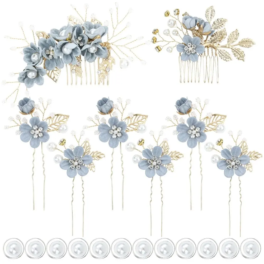20 Pack Classy Dusty Blue Flower Bridal Wedding Hair Side Combs+Floral Hair Pins+Twist Spiral Pearl Hair Pins Clips Pieces Formal Prom Headpieces Accessories for Brides Bridesmaids Women Girls