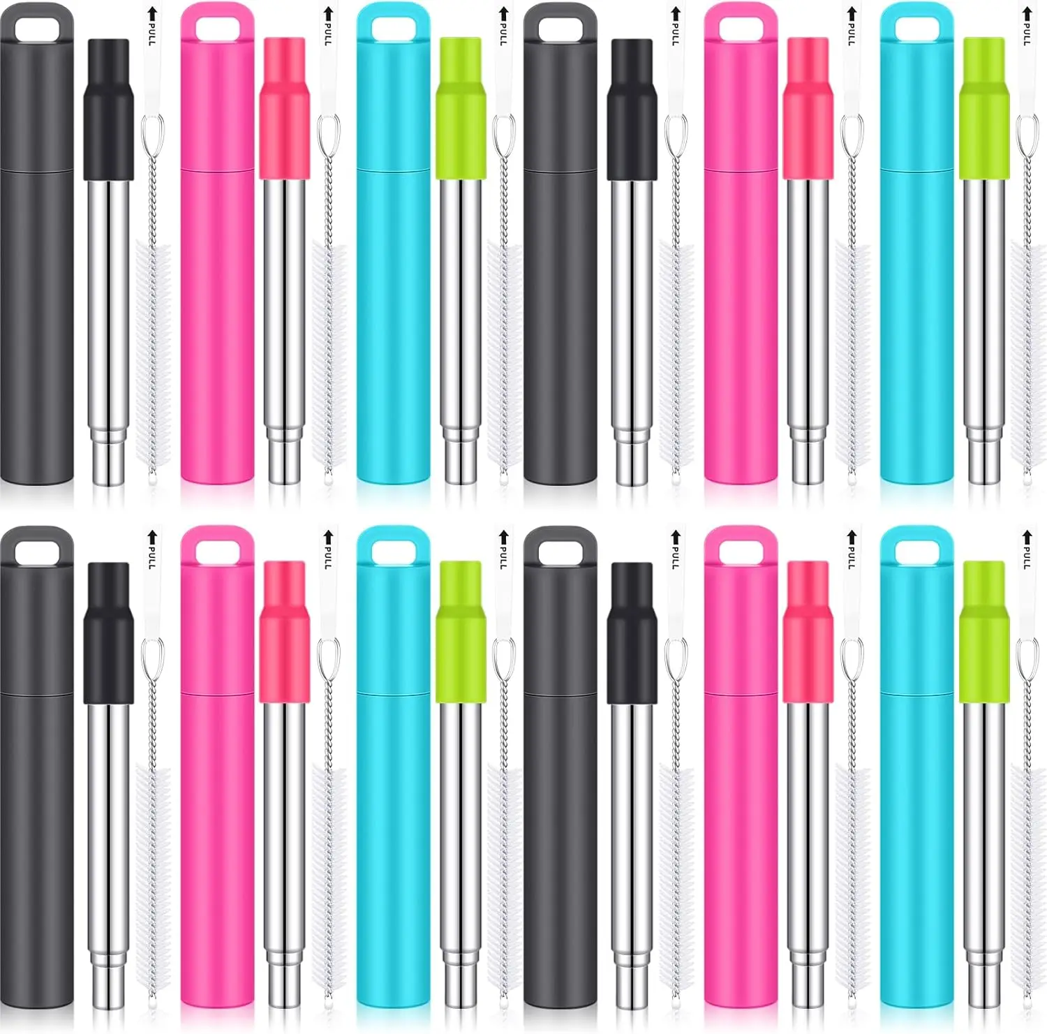 12 Pack Metal  Straw Drinking Collapsible Foldable Stainless Steel Straw with Plastic Case  Tip and Cleaning Brush Long Telescopic Portable Travel Work