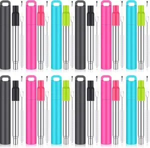 12 Pack Metal  Straw Drinking Collapsible Foldable Stainless Steel Straw with Plastic Case  Tip and Cleaning Brush Long Telescopic Portable Travel Work
