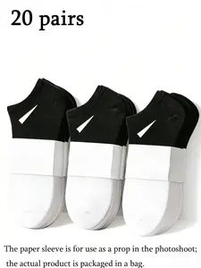 Men's Patchwork Classic Ankle Socks, 20 Pairs, Comfortable Breathable Sweat Absorbent, Casual Fashion, Daily Wear, Sports, Home, Business
