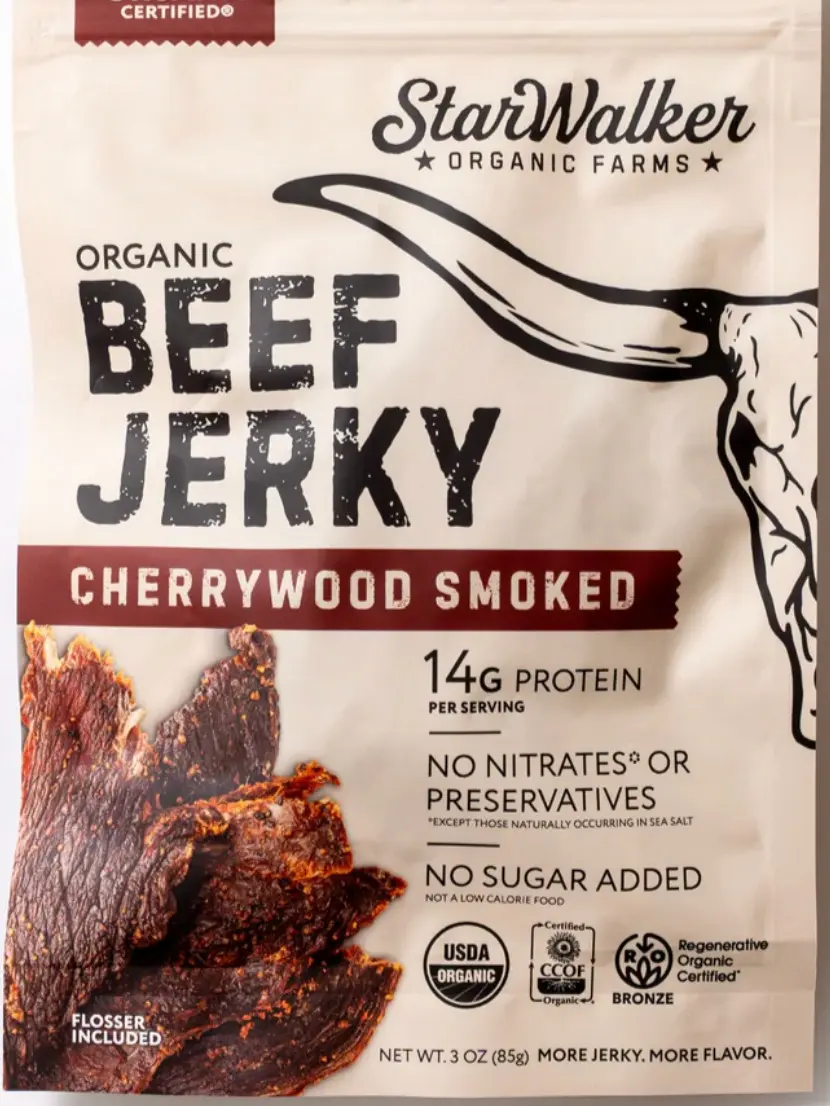 StarWalker Organic Farms 100% Grass-fed Pasture-raised Beef Jerky Cherrywood Smoked 14G Protein No Nitrates No Preservatives No Sugar Added