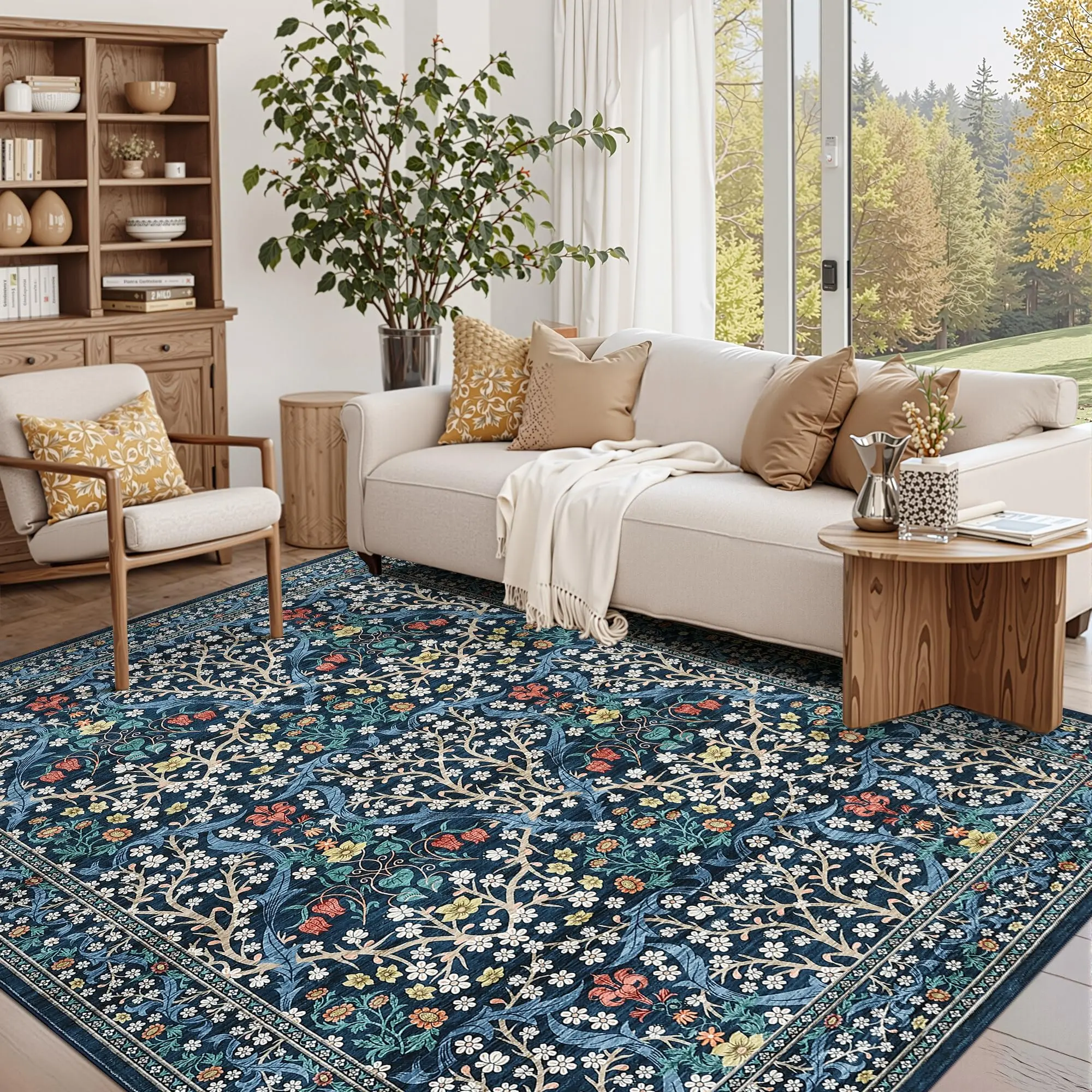Garvee Floral Rugs for Living Room Washable Non-Slip Ultra-Thin Large Area Rug for Bedroom Botanical Print Cute Carpet for Girls Room Playroom Nusery Rug Indoor Farmhouse Floor Cover Decor