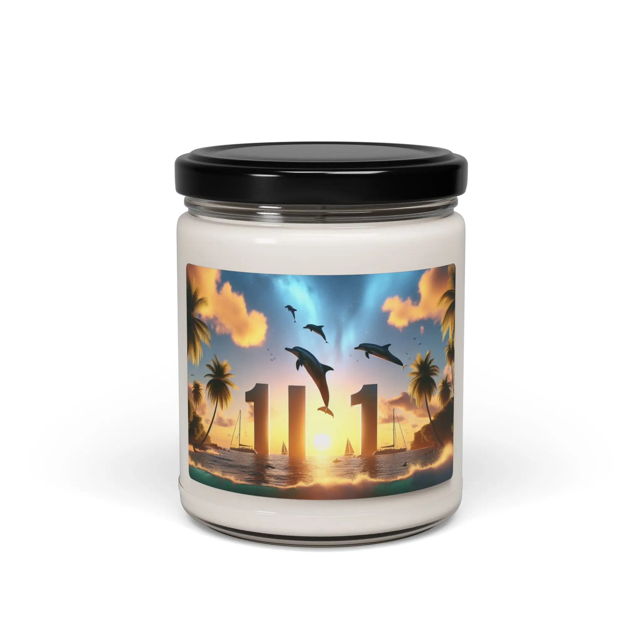 Scented Candle 9 Flavors "Dolphin Dusk: A Tropical Paradise Symphony" - 1111 Tropical Beach Sunset with Palm Trees, Dolphins, and Sailboats Art Decor Glass Decoration Freshener Aroma Wick