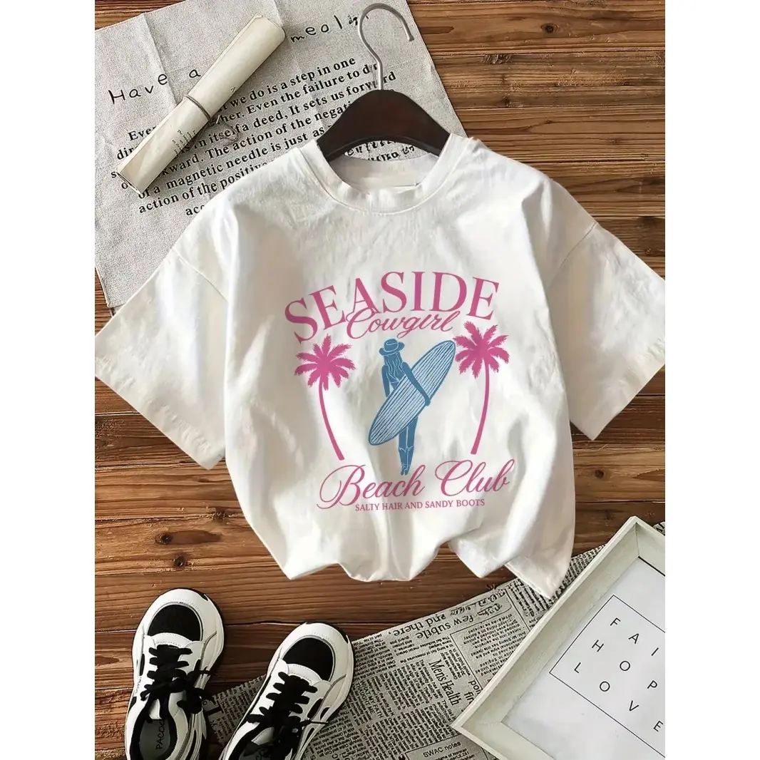 Womens Cotton Graphic Tee Seaside Beach Club Surf Palm Tree Print Short Sleeve Summer Vacation Shirt Casual Streetwear Cute Trendy Soft Crewneck Top