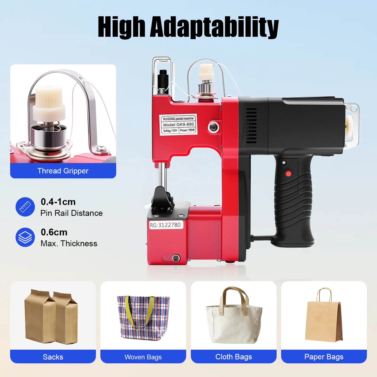 Compact Red Aluminum Alloy Bag Sewing Machine - 110V, 190W, 1800rpm Load Speed, Max 6mm Thickness, 0.15-0.39in Pin Rail Distance, 1 Power Cord, 1 Sewing Machine, 2.9kg, 25*25*8cm, Full Accessories - For Warehouse Use, Express Logistics, 1* Timing Belt