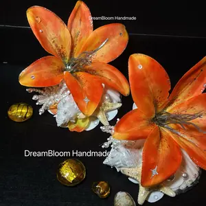 Luxury Orange Lily Seashell Hair Clip | Handcrafted Coastal Barrette | Limited Edition Party & Wedding Gift