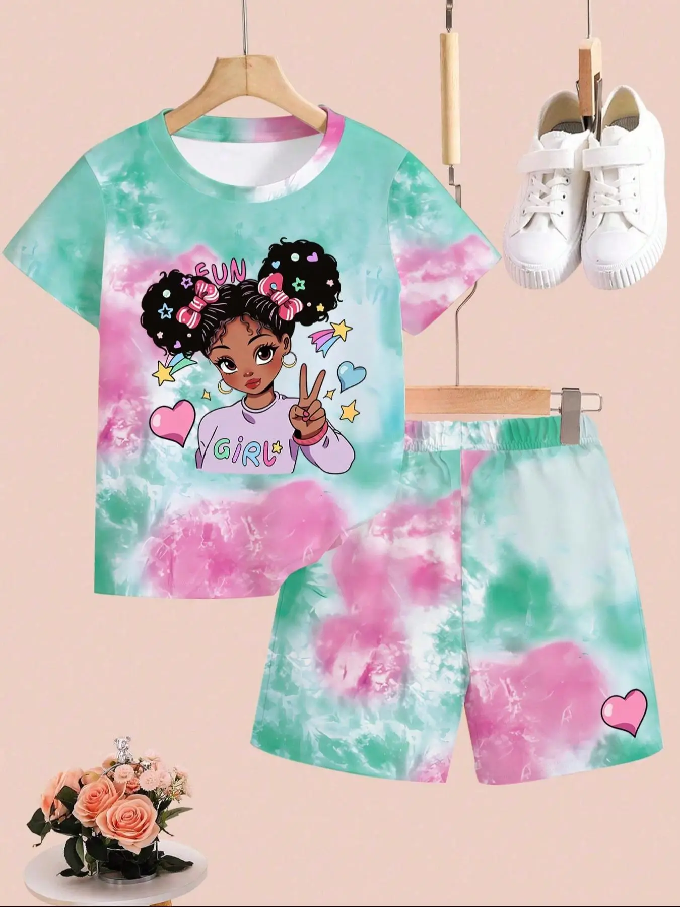 Girl's Cartoon Print Tee & Elastic Waist Shorts Set, Casual Round Neck Short Sleeve Top & Shorts for Daily Wear, Kids Summer Clothes