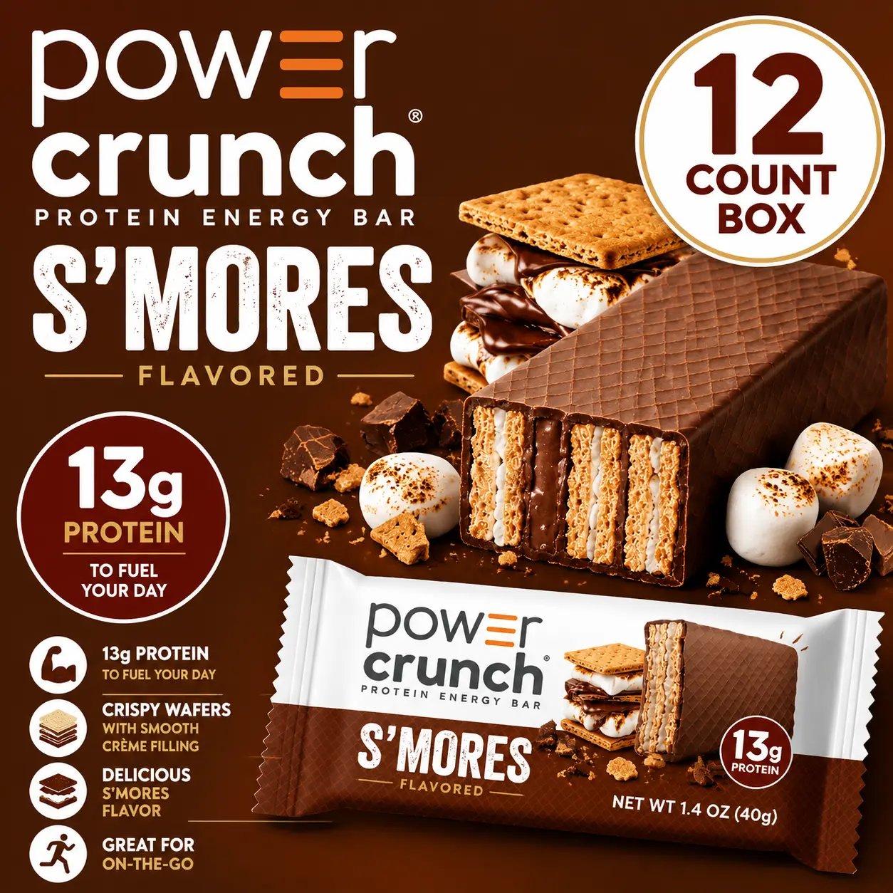 Power Crunch Protein Wafer Bars Original S'mores 1.4 oz 12 Count  Crispy Protein Wafer Snack Bars | Classic S'mores Flavor Treats
