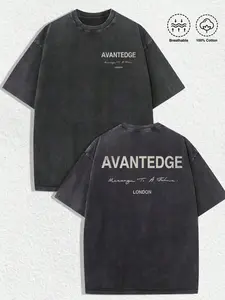 Avantedge London Vintage Wash Oversized T-Shirt, 100% Cotton Minimalist Script Logo, Breathable Casual Top, Short Sleeve, Loose-Fitting