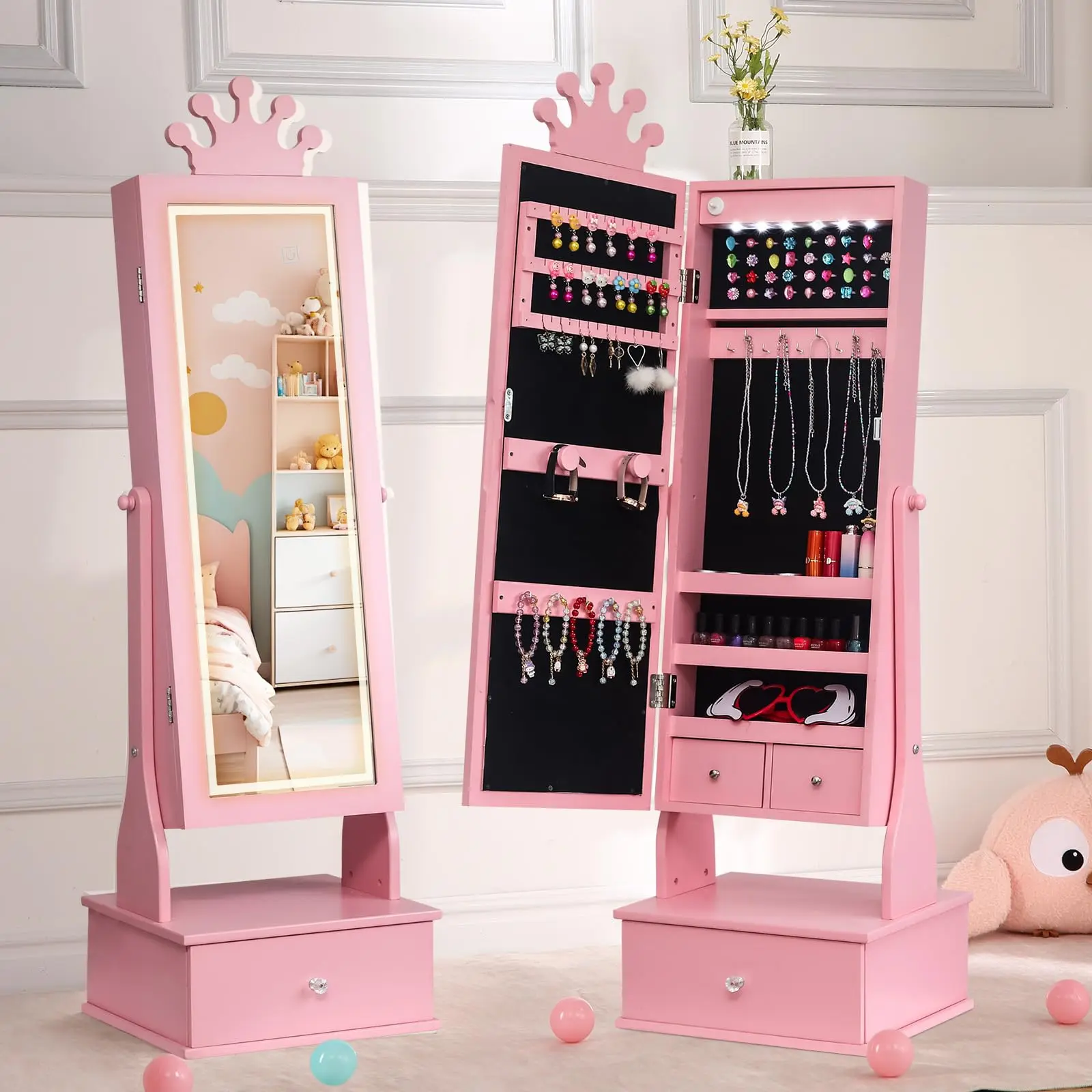 YJ-Garvee Princess Pink Jewelry Armoire with Lighted Mirror, 46 Inch Standing Jewelry Organizer Cabinet Featuring Drawers and Large Storage Space for Accessories