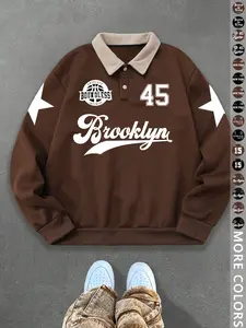 Unisex New York Letter Print Polo Sweatshirt, Thick Vintage British Style Lamb Fleece Hoodie, Streetwear Casual Trendy Clothing