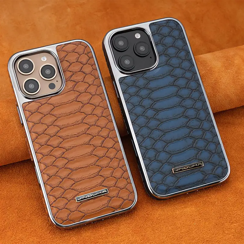 Electroplated Python Pattern Cow Hide Plain Leather Full-Cover Smartphone Casing - Niche Design, Outdoor-Friendly Customized Phone Accessories for iPhone 17 Pro Max,16,15,14,13 Protection