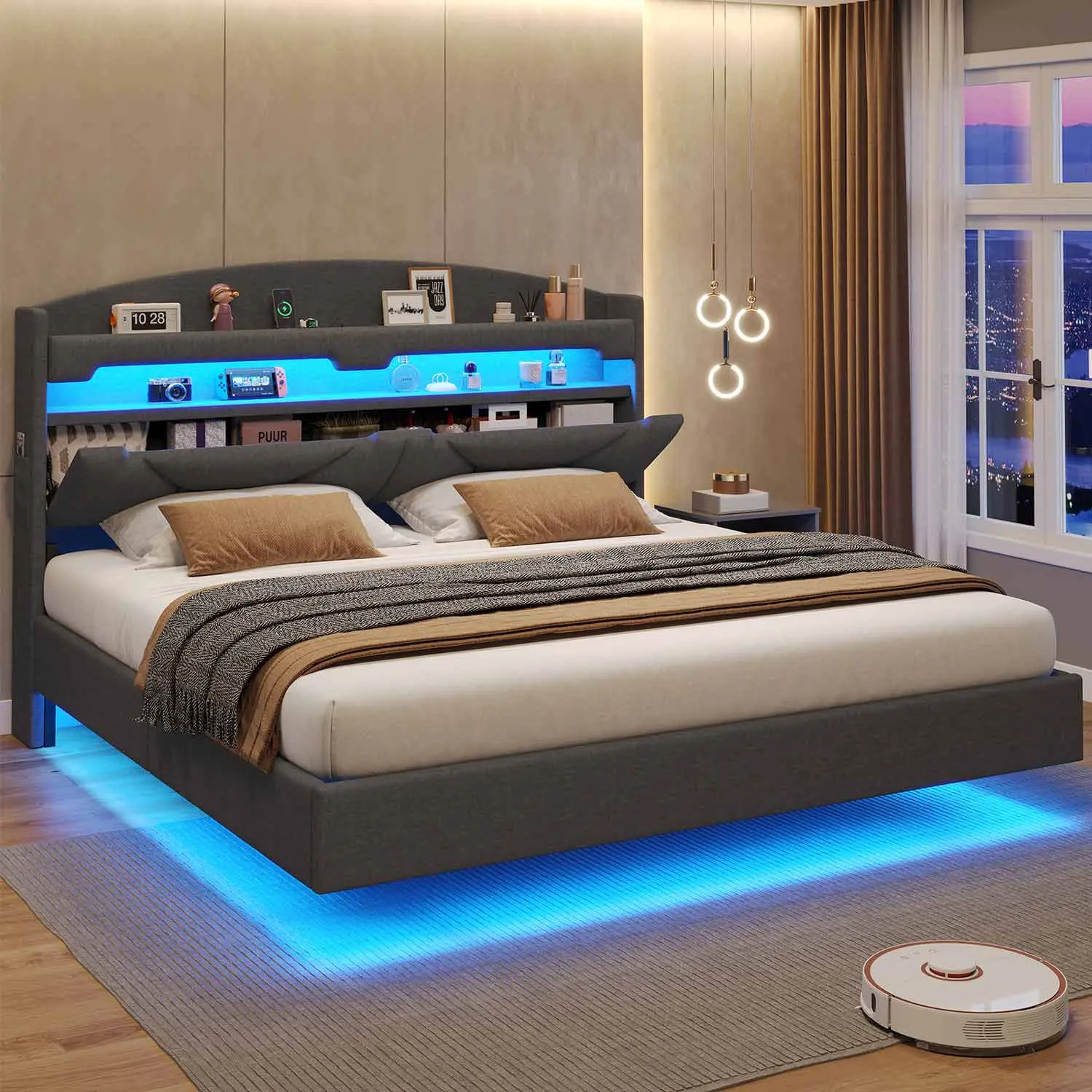 SIKAIC LED Floating Bed Frame with Charging Station, Dark Grey Linen Upholstered Platform Bed with Storage Headboard, Smart RGB Underbed Lighting, Queen/King