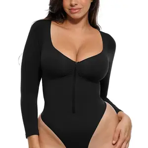 Shapellx Seamless Full-Body Zipper Shaper Bodysuit | Fitted Long Sleeve Shapewear with Bust Support & Thong Bottom for Women