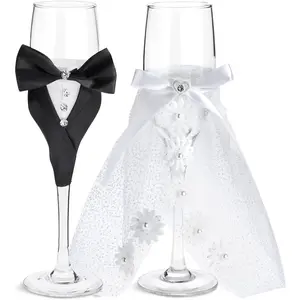 Set of 2 Wedding  Champagne Glasses for Bride & Groom - 8.75 in Flutes, Black & White, Modern Style - For Wedding Decor, Registry, Bridal Shower & Newlyweds