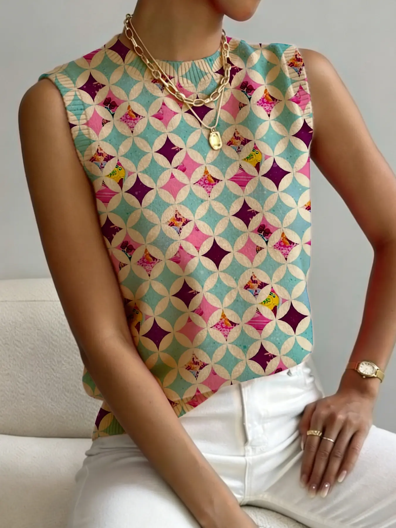 Ladies Color Block Geometric Pattern Mock Neck Sleeveless Sweater, Cozy Knitted Top for Autumn & Winter, Versatile Casual Everyday Wear