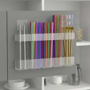 9.5-inch Large Acrylic Straw Holder for Cabinet Doors Reusable Adhesive Storage Rack for Countertops and Cupboards, Clear and Space-Saving