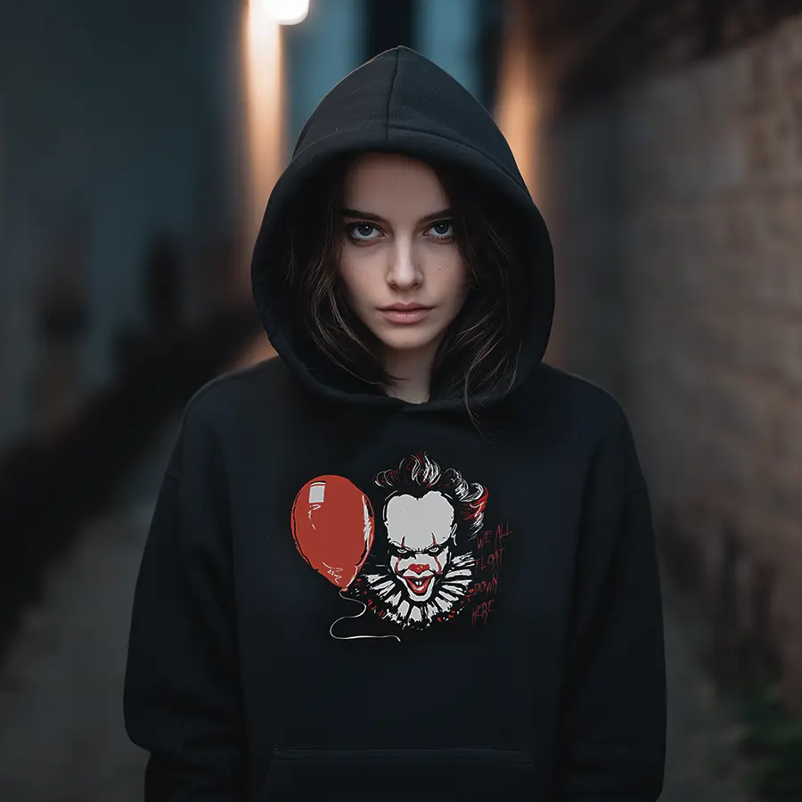 Horror Movie Merch IT Pennywise We All Float Down Here Hoodie Sweatshirt Warm Cozy Halloween Spooky Season Vibes Welcome to Derry Shirt