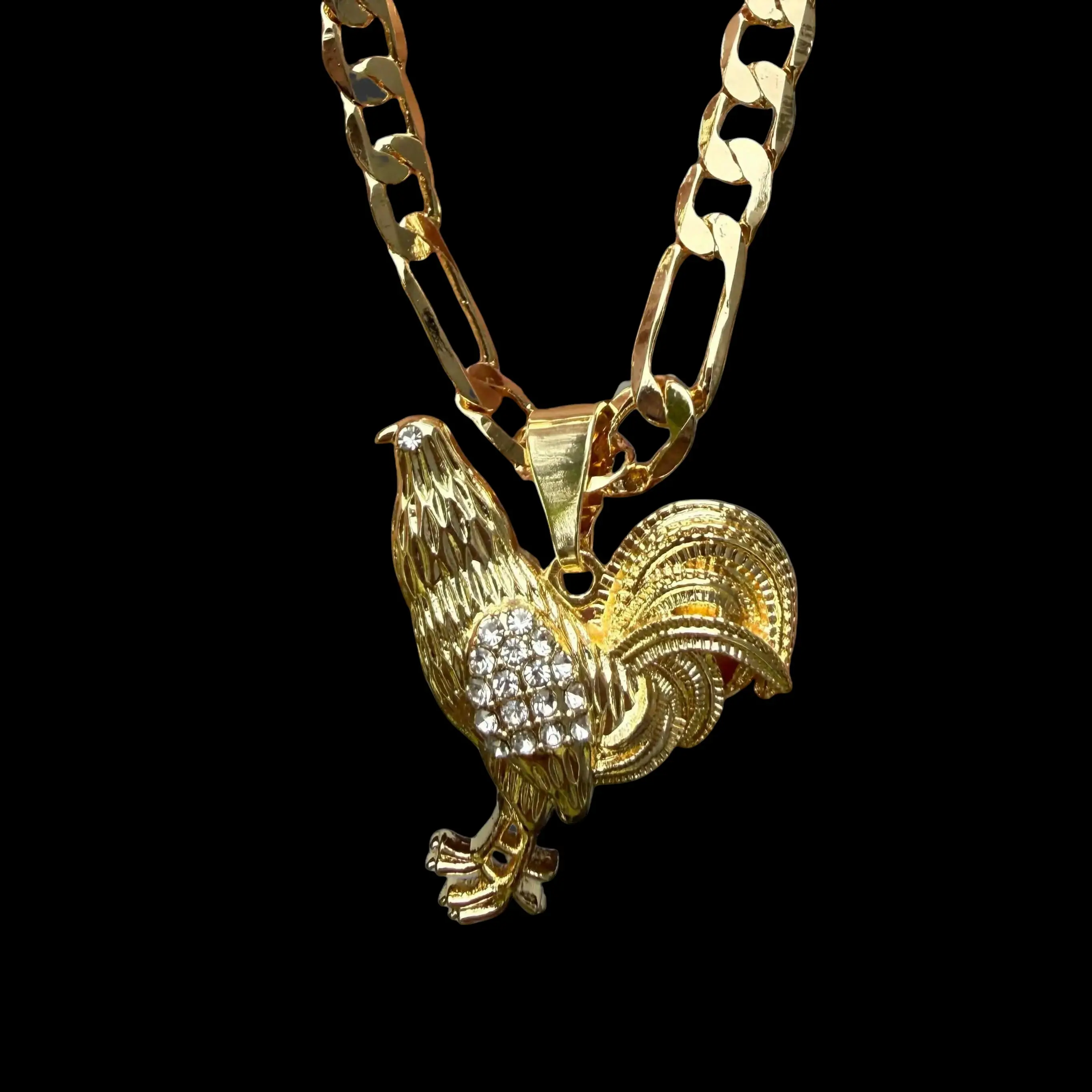 14K Gold Plated Rooster Gallo Pendant Figaro Link Chain Hip Hop Necklace 20" 24" 4mm Unisex Jewelry For All Ocassions