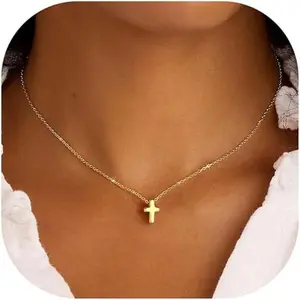 Dainty Cute Bubble 3D Cross Pendant Necklace Sideways Cross Choker Layered 14K Real Gold Plated Cross Necklace Gifts for Women Girls