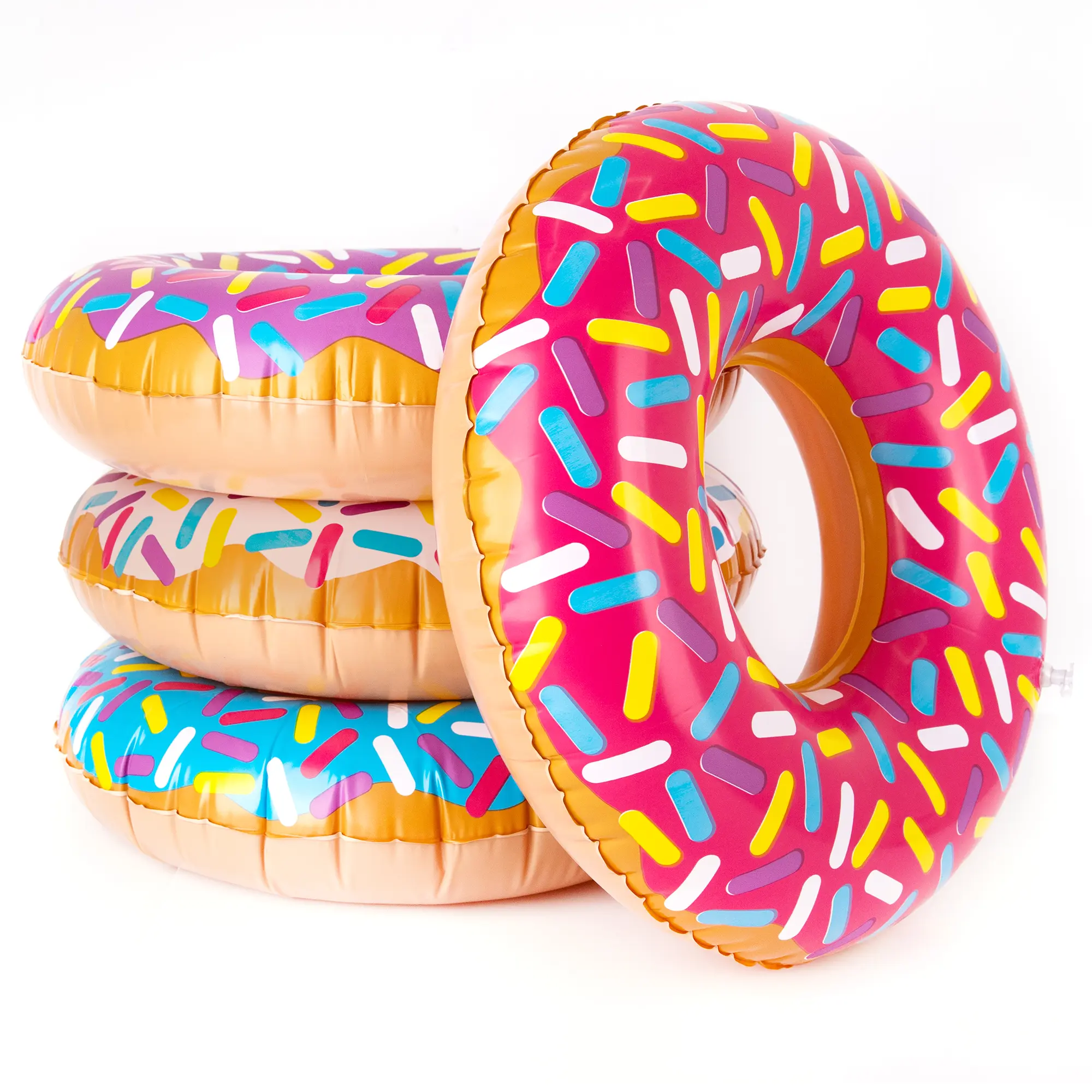 16" Donut Inflate Tubes, Set of 4, Colorful Inflatable Donut Tubes in Assorted Designs, Donut Birthday Party Decorations Supplies, Durable Water Pool Toys for Kids, Fun Donut Party Favor