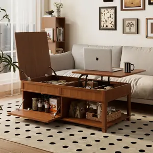 46.93*23.62*17.64 Inch American Style Lift Top Coffee Table, MDF Wooden Height Adjustable Tea Table with Hidden Storage Compartment & Open Shelf, Multi-functional Work Dining Table 80LBS Load Easy Assembly for Living Room Apartment