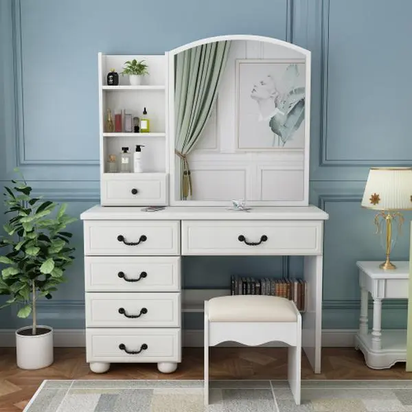 [Bellemave]Fashion Vanity Desk with Mirror and Lights for Makeup, Vanity Mirror with Lights and Table Set with 3 Color Lighting Brightness Adjustable, 6 Drawers, White Color  RR