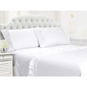 Ruffle Sheets Set Twin XL Size, 4-Piece French Bedding 100% Cotton Vintage Bed Sheet Set 15 Inch Deep Pockets Ruffled Bed Sheets White