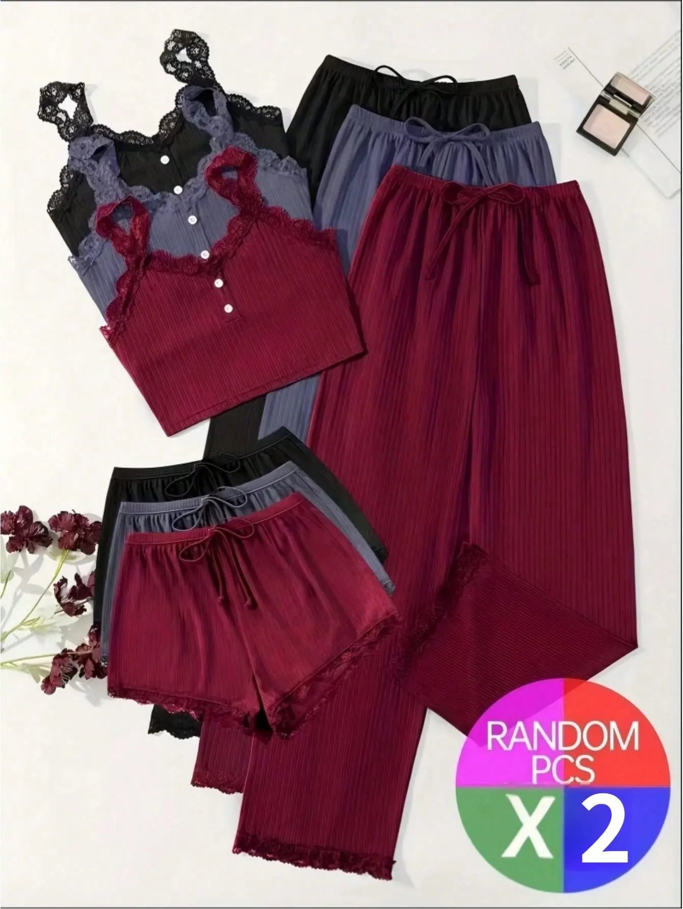 Random Delivery, 2 Sets (6Pcs) Ladies Four Seasons Sexy Lace Suspender Home Service Suit (including Trousers, Shorts And Vest), Black-burgundy-grayish Blue, Sent Randomly.