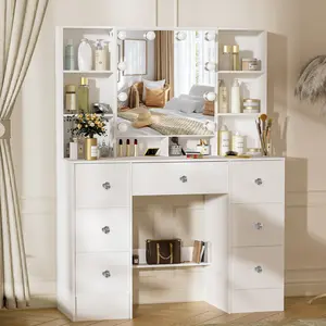 Large Vanity Desk with Mirror & Lights, White Makeup Vanity with 7 Drawers & 6 Storage Shelves, Vanity Set with LED Lights and 3 Lighting Modes, Adjustable Brightness
