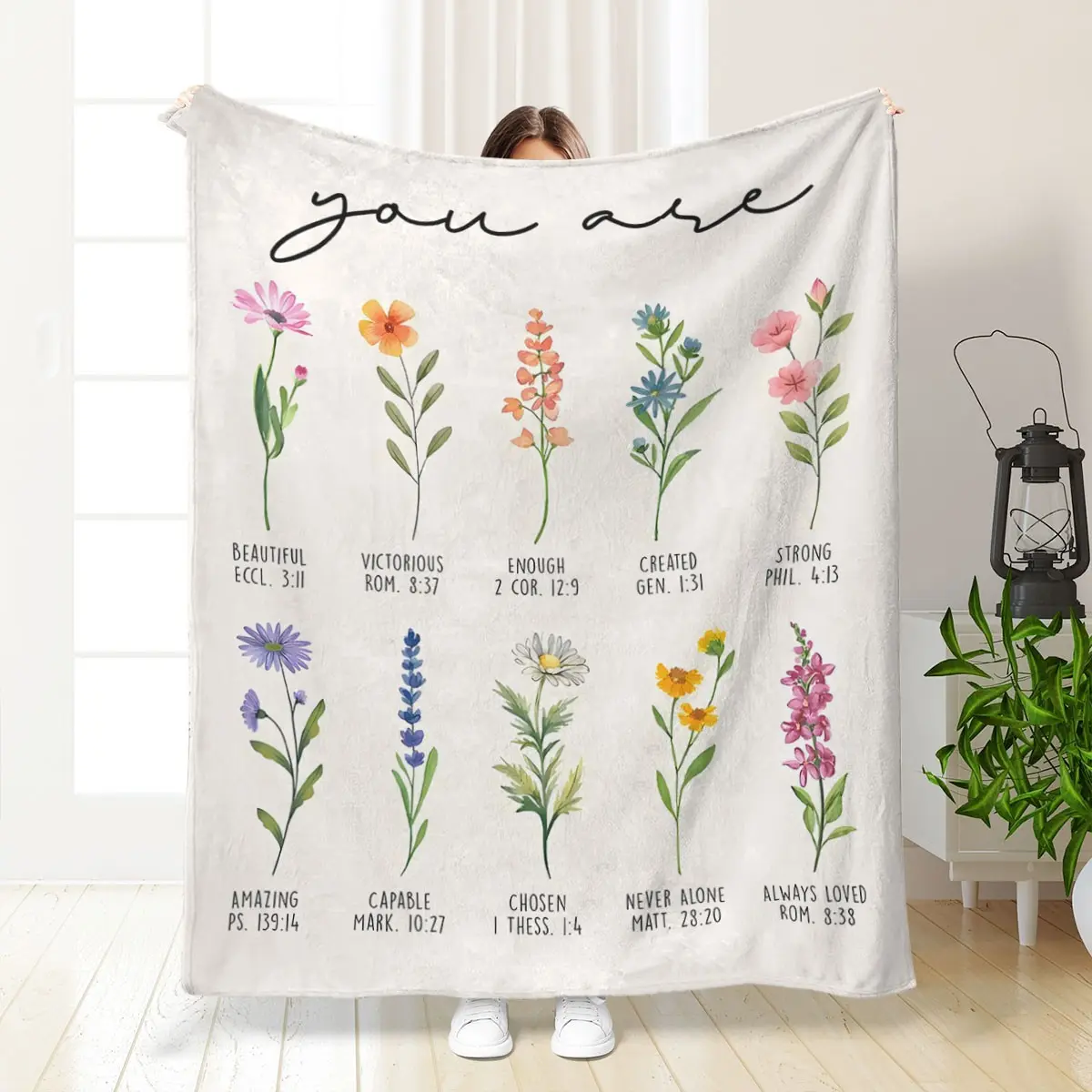 Women's Christian Floral Print Flannel Throw Blanket with Flowers, Soft Throw for Sisters Friends Daughters Moms, Inspirational Religious Gift, Birthday Present