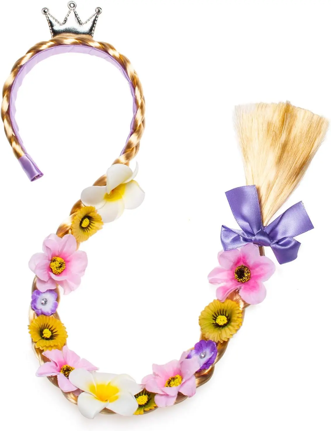 Long Hair Princess Hairpiece Long Cosplay Braided Wigs for Girls Princess Dress Up Accessories (Rapunzel Flowers Headband)