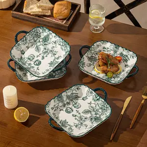 Vintage Green Rose Ceramic Dinner Plates, Set of 4, 9.25-Inch Double-Handled Square Plates for Kitchen, Microwave, Oven & Dishwasher Safe Tableware