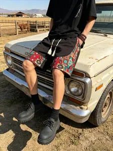 Men's Ethnic Patchwork Shorts, Bohemian Tassel Drawstring, Straight Leg Casual Shorts, Breathable Fabric, Streetwear for Summer Daily & Outdoor