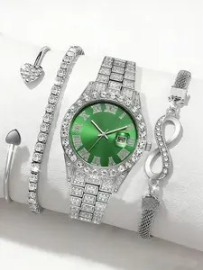 4pcs Ladies Watch Set, Elegant Jewelry Set, Green Roman Calendar Dial, Silver Rhinestone Watch + Rhinestone Bracelet Set, Versatile For Daily Use, Suitable As A Women's Holiday Gift