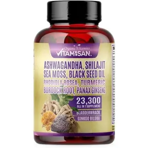 Shilajit, Sea Moss & Ashwagandha Complex – Herbal Dietary Supplement – 1 Bottle (90 Capsules) with Turmeric, Ginseng & Black Seed Oil