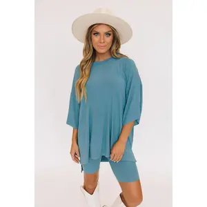 Day Dreamer Ribbed Biker Set - Steel Blue