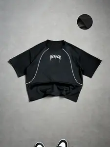 Cropped Graphic Tee' Cyber Style Letter Print | Raglan Sleeve Unisex Streetwear OOTD Essential | TikTok Viral Y2K Street Casual Daily Wear Loose Fit Statement Top for Men Women 2026 Spring New Drop