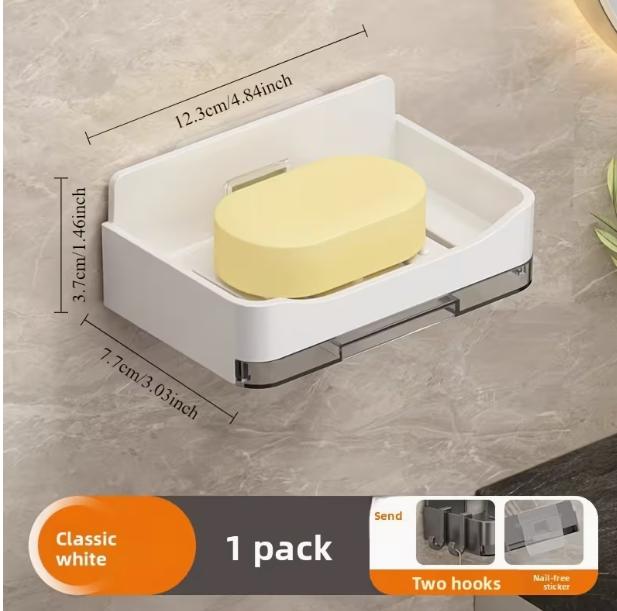 Wall-Mounted Soap Dish with 2 Soap Trays and Chain Hook - Durable Plastic Bathroom Organizer, Space-Saving Modern Design, Suitable for Shower or Sink Area, Bathroom Organization and