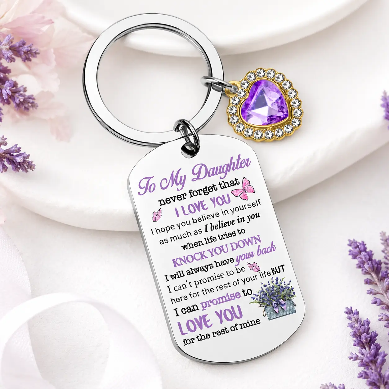 Stainless Steel Daughter Keychain - Custom Engraving, Engraved Message, Personalized Charm Keychain with Purple Heart, Inspirational Love Quote Gift from Mom/Dad for Birthday/Christmas, Custom Engraving Keychains, Engraved Message Keychains
