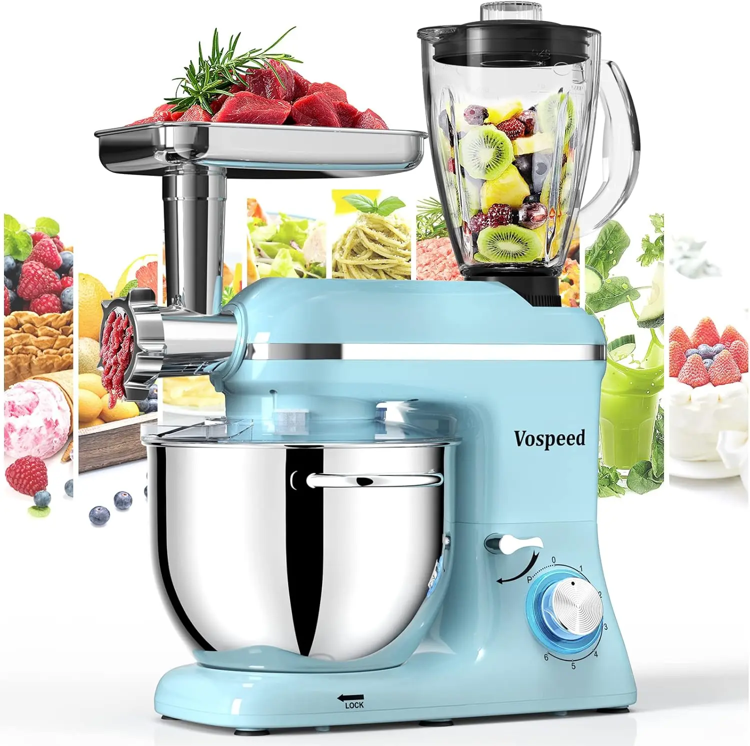 VOSPEED 9-in-1 Tilt-Head Electric Mixer Blender, 850W Kitchen Appliance with 8QT Stainless Steel Bowl, 1.5L Glass Jar, Dough Hook, Whisk, Beater, Meat Grinder, Dishwasher Safe for Home Baking, Salad, Juicing, Meat Sauce & Sausage Making