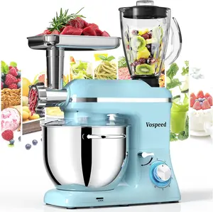 VOSPEED 9 in 1 Stand Mixer, 850W Tilt-Head Electric Kitchen Mixer, 8 QT Stainless Steel Bowl & 1.5L Glass Jar, Multifunctional with Dough Hook, Whisk, Beater, Meat Grinder, Dishwasher Safe for Home Baking