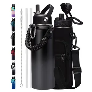 Metal Gallon Water Flask 40oz- 32/40/64/128oz Insulated Water Bottle Stainless Steel Water Bottles with Straw & Spout Lids, Paracord Handle, Carrier Bag with Strap, Protective Cup Mat, Keep Cold-48H & Hot-12H