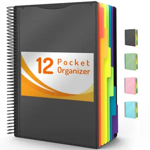 12 Pocket Project Organizer, Forvencer 1/6-cut Tab Binder Organizer with Sticky Labels, Multi Pocket Folder with Zipper Pouch, Folder Binder Spiral Pocket Notebook, Office Supplies, Letter Size, Black