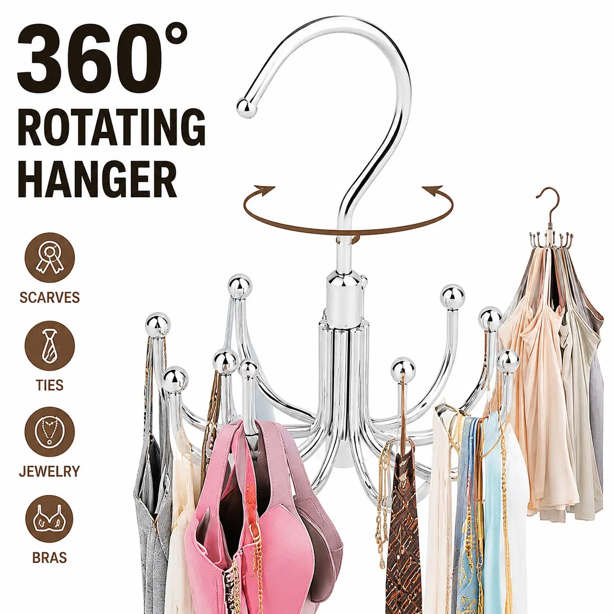Silver-2pcs Smooth 360° Rotating Metal Storage Hooks, Hanging Closet Organizer for Belts, Bags, Ties - Space-Saving Home Organizer for Wardrobe Hanging Items, Rotatable