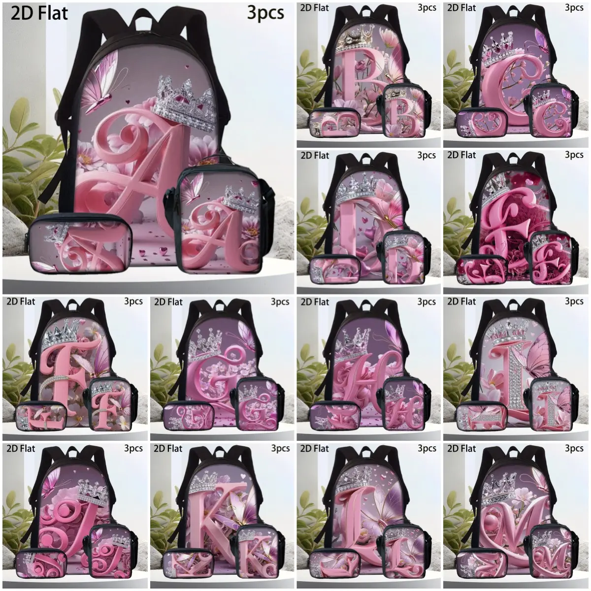 Kids’ 3-Pcs Pink Crown Initial Print Backpack Set, Durable 600D Oxford Cloth, Insulated Lunch Box & Pencil Case Combo, Adjustable Breathable Straps, Large Capacity for 15in Laptop, Backpacks for School & Campus Life Use, S, School Supplies, Polyester